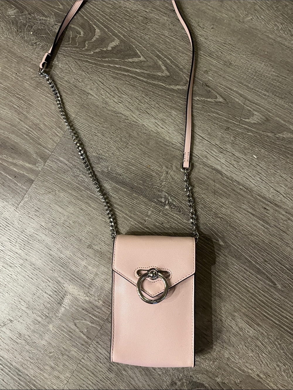 Rebecca Minkoff Blush Pink Leather Crossbody Phone Bag with Silver Ring